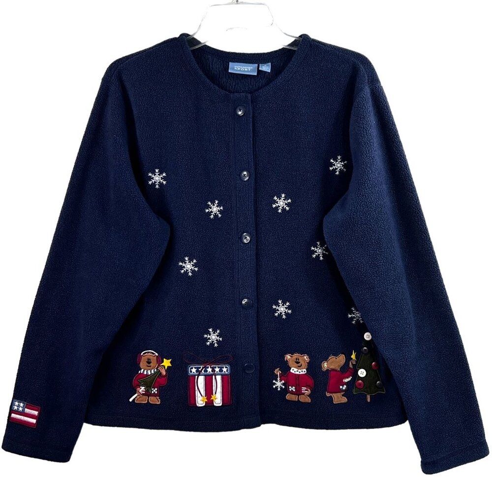 Croft & Barrow Sport Womens M Navy Holiday Fleece Cardigan Embroidery Appliques